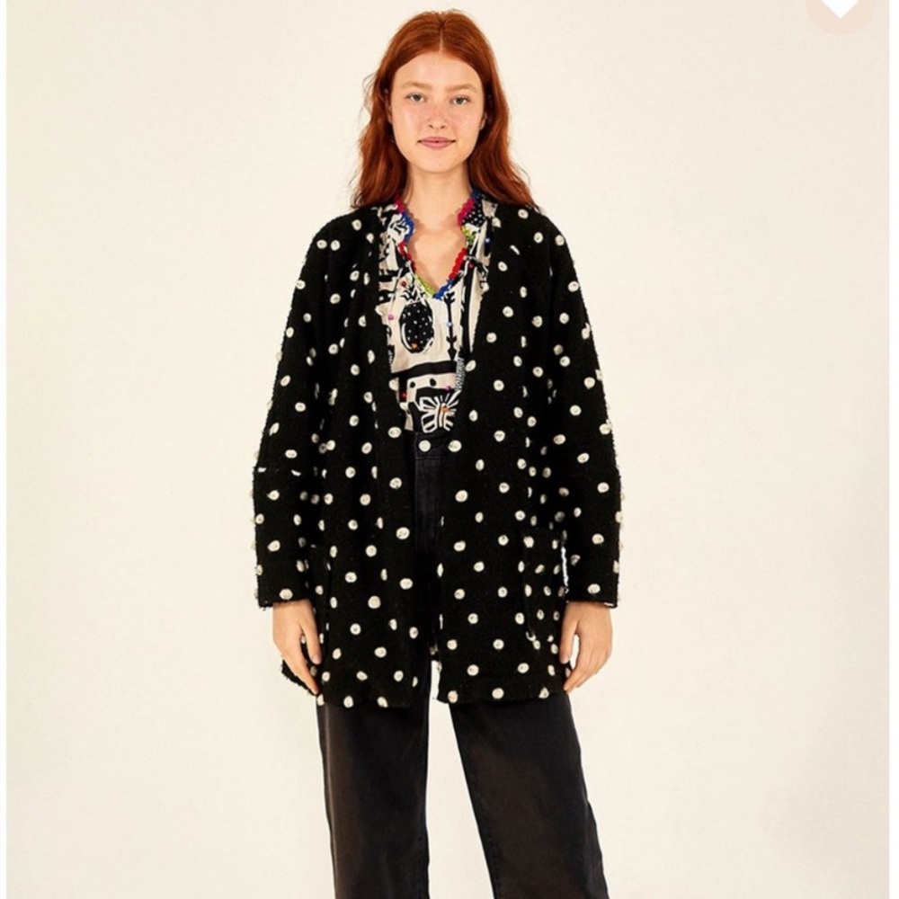Farm Rio oversized polka dot open front wool blend cardigan Size L NWT